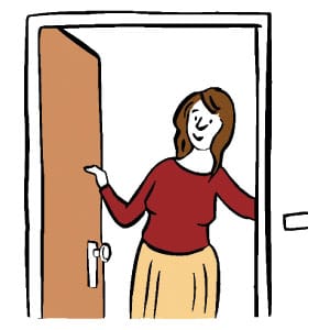 Hier ist eine Skizze/ ein Piktogramm. Darauf sieht man eine Frau, die in einer geöffneten Tür steht und freundlich/ einladend lächelt.