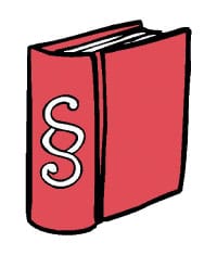Hier ist eine Skizze/ ein Piktogramm. Darauf sieht man ein dickes rotes Buch mit dem §-Zeichen drauf. Ein Gesetzbuch.