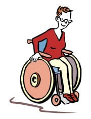 Hier ist eine Skizze/ ein Piktogramm. Darauf sieht man eine Frau, die im Rollstuhl sitzt und fährt.
