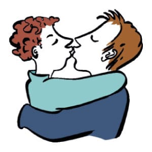Hier ist eine Skizze/ ein Piktogramm. Darauf sieht man eine Frau und einen Mann. Sie umarmen und küssen sich.